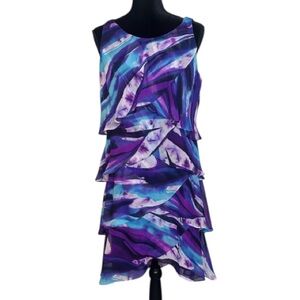 #453 (S.L. Fashions) Vibrant Flowy Purple and Blue Layered Midi Dress - Size 12